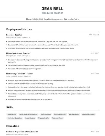 Resource Teacher Resume