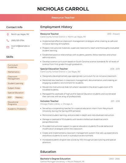 Resource Teacher Resume