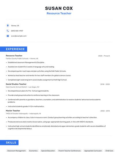 Resource Teacher Resume