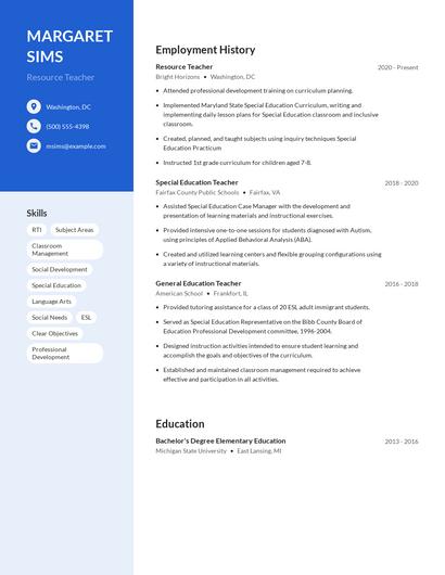 Resource Teacher Resume
