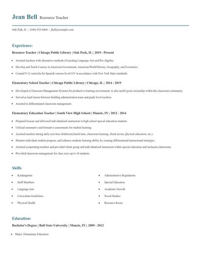 Resource Teacher Resume