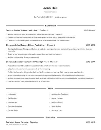 Resource Teacher Resume