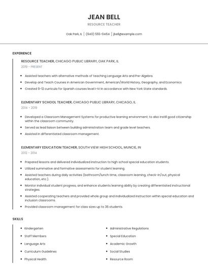 Resource Teacher Resume