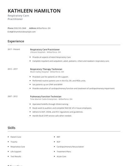 Respiratory Care Practitioner Resume