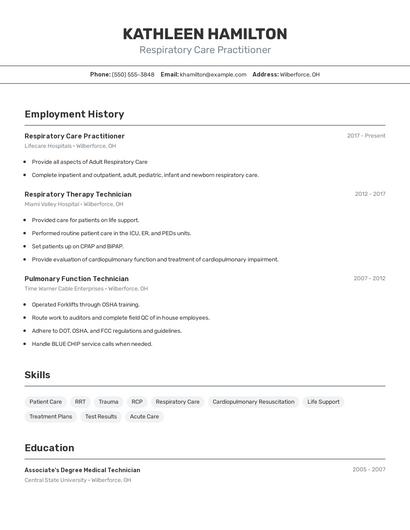 Respiratory Care Practitioner Resume