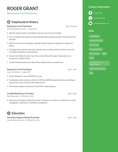 Respiratory Care Practitioner Resume