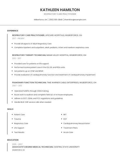 Respiratory Care Practitioner Resume