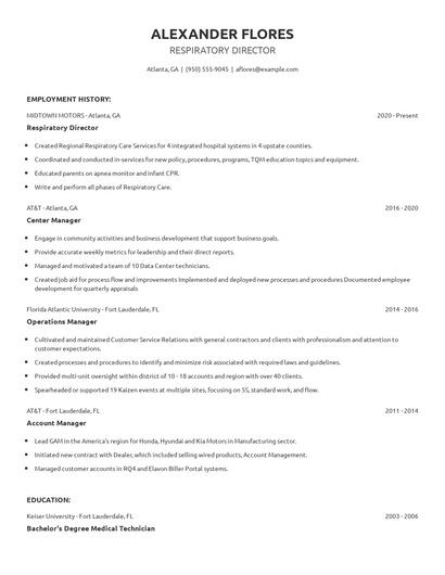 Respiratory Director Resume
