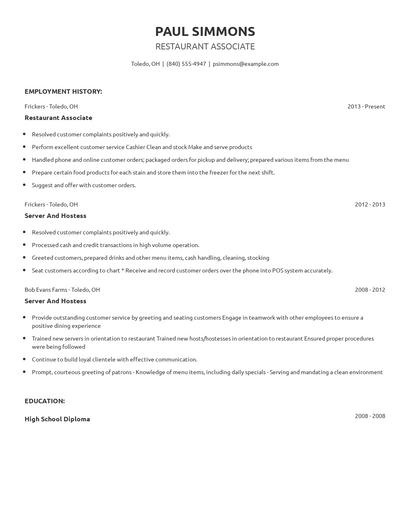 Restaurant Associate Resume