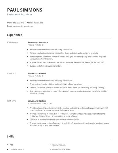Restaurant Associate Resume