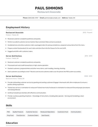 Restaurant Associate Resume