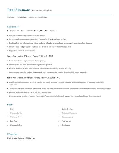 Restaurant Associate Resume