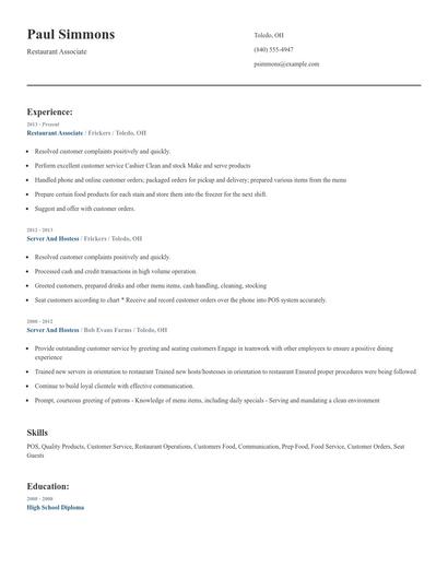 Restaurant Associate Resume