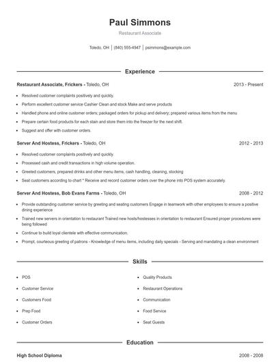 Restaurant Associate Resume
