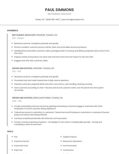 Restaurant Associate Resume