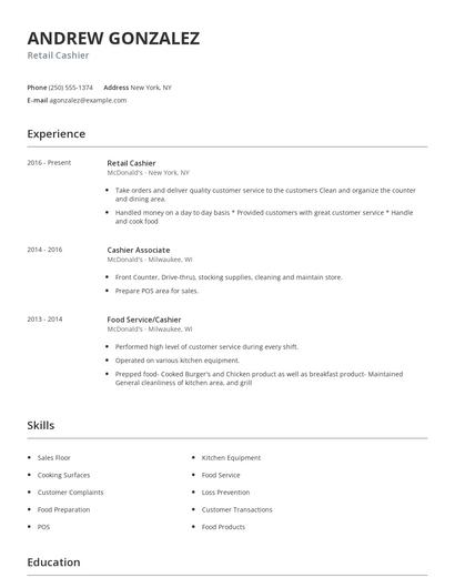 Retail Cashier Resume