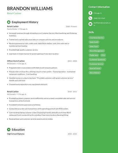 Retail Cashier Resume