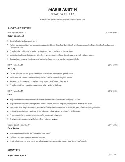 Retail Sales Lead Resume