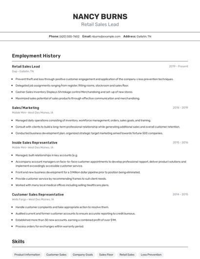 Retail Sales Lead Resume