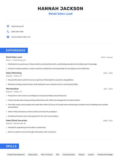 Retail Sales Lead Resume