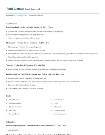 Retail Sales Lead Resume