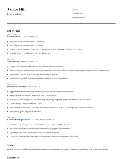 Retail Sales Lead Resume