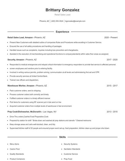 Retail Sales Lead Resume
