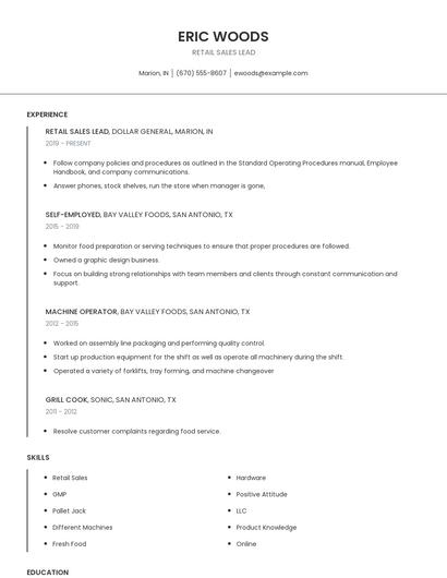 Retail Sales Lead Resume