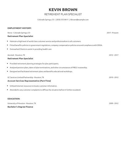 Retirement Plan Specialist Resume