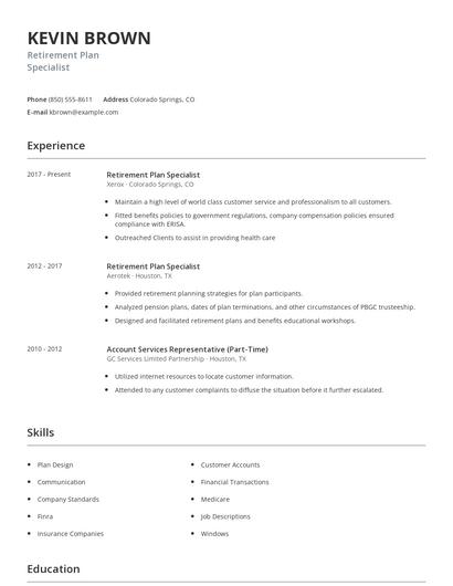 Retirement Plan Specialist Resume