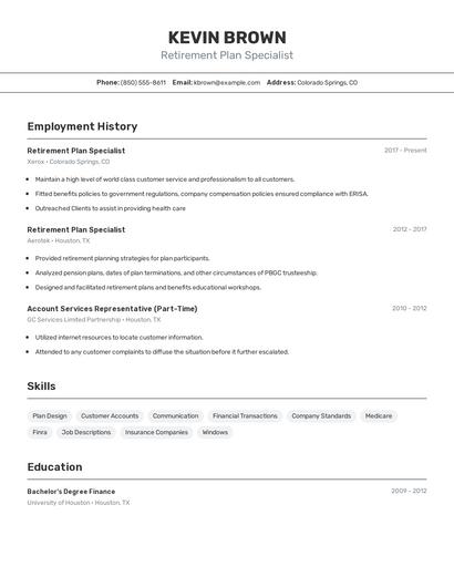 Retirement Plan Specialist Resume