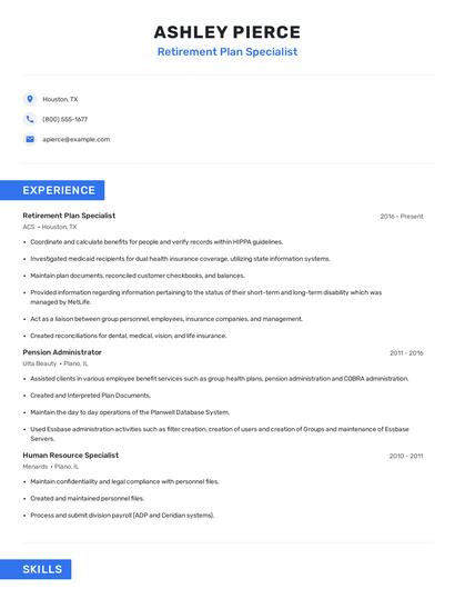 Retirement Plan Specialist Resume