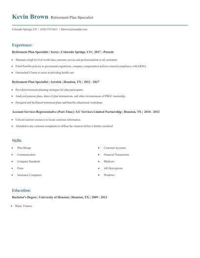 Retirement Plan Specialist Resume