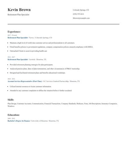 Retirement Plan Specialist Resume