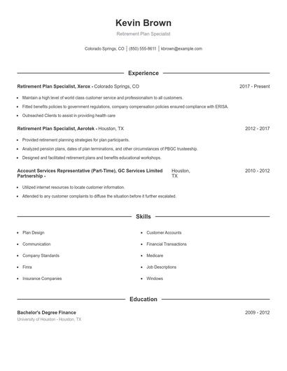 Retirement Plan Specialist Resume
