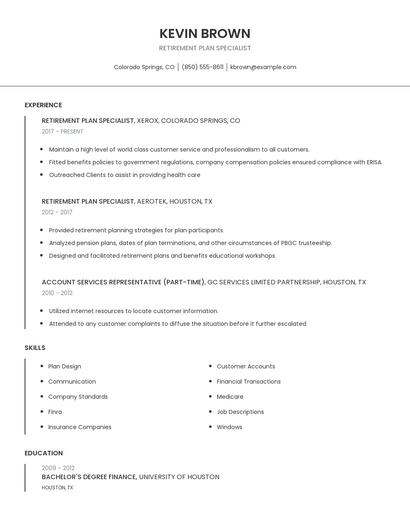 Retirement Plan Specialist Resume