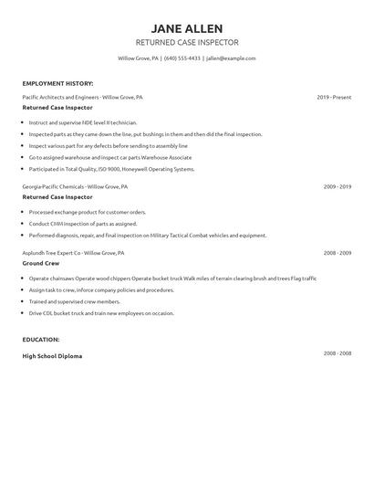Returned Case Inspector Resume