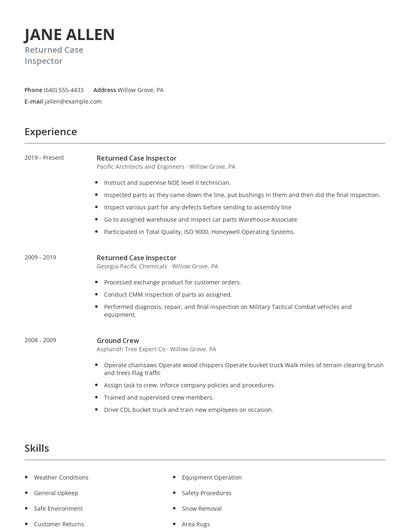 Returned Case Inspector Resume