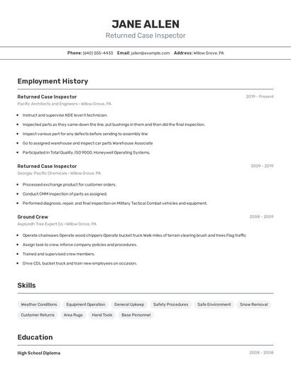 Returned Case Inspector Resume