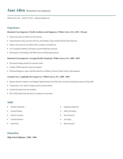 Returned Case Inspector Resume