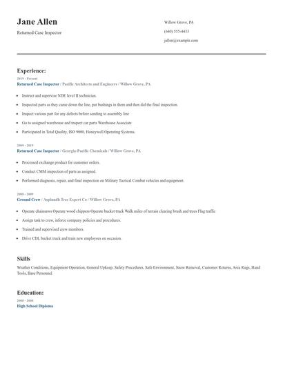Returned Case Inspector Resume