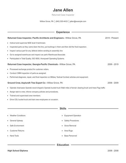 Returned Case Inspector Resume