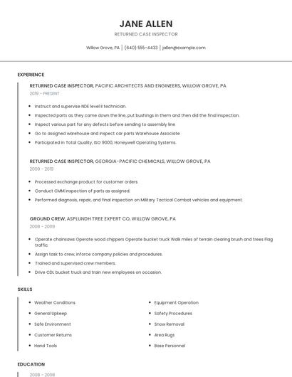 Returned Case Inspector Resume