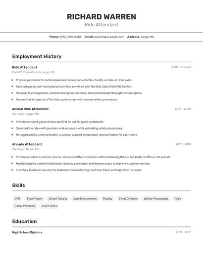 Ride Attendant Resume