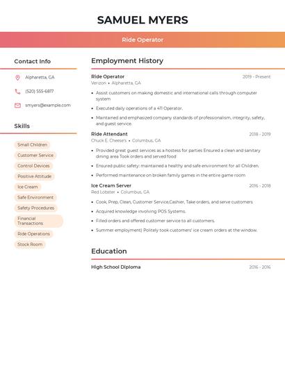 Ride Operator Resume