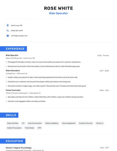 Ride Operator Resume