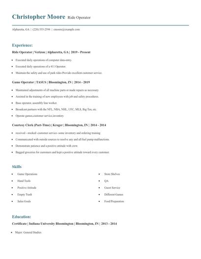 Ride Operator Resume