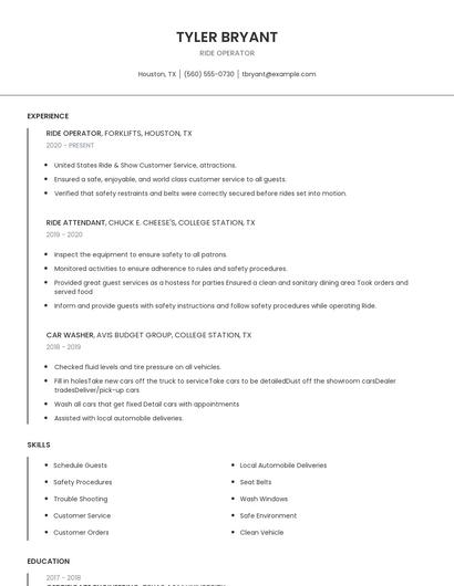 Ride Operator Resume