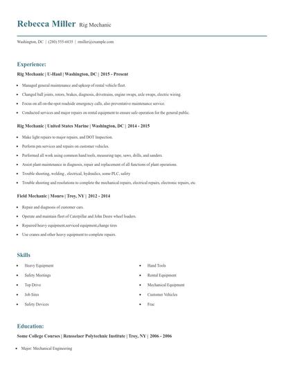 Rig Mechanic Resume
