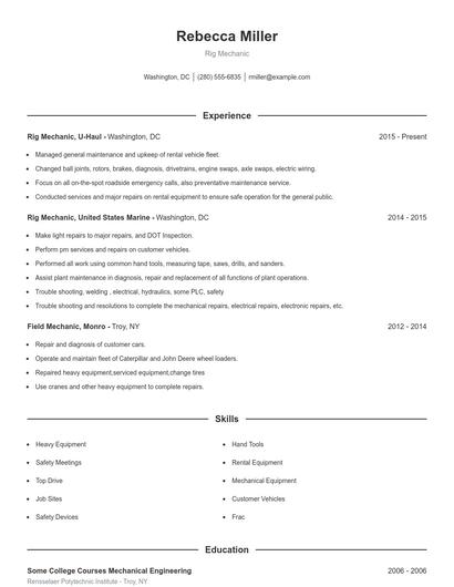 Rig Mechanic Resume